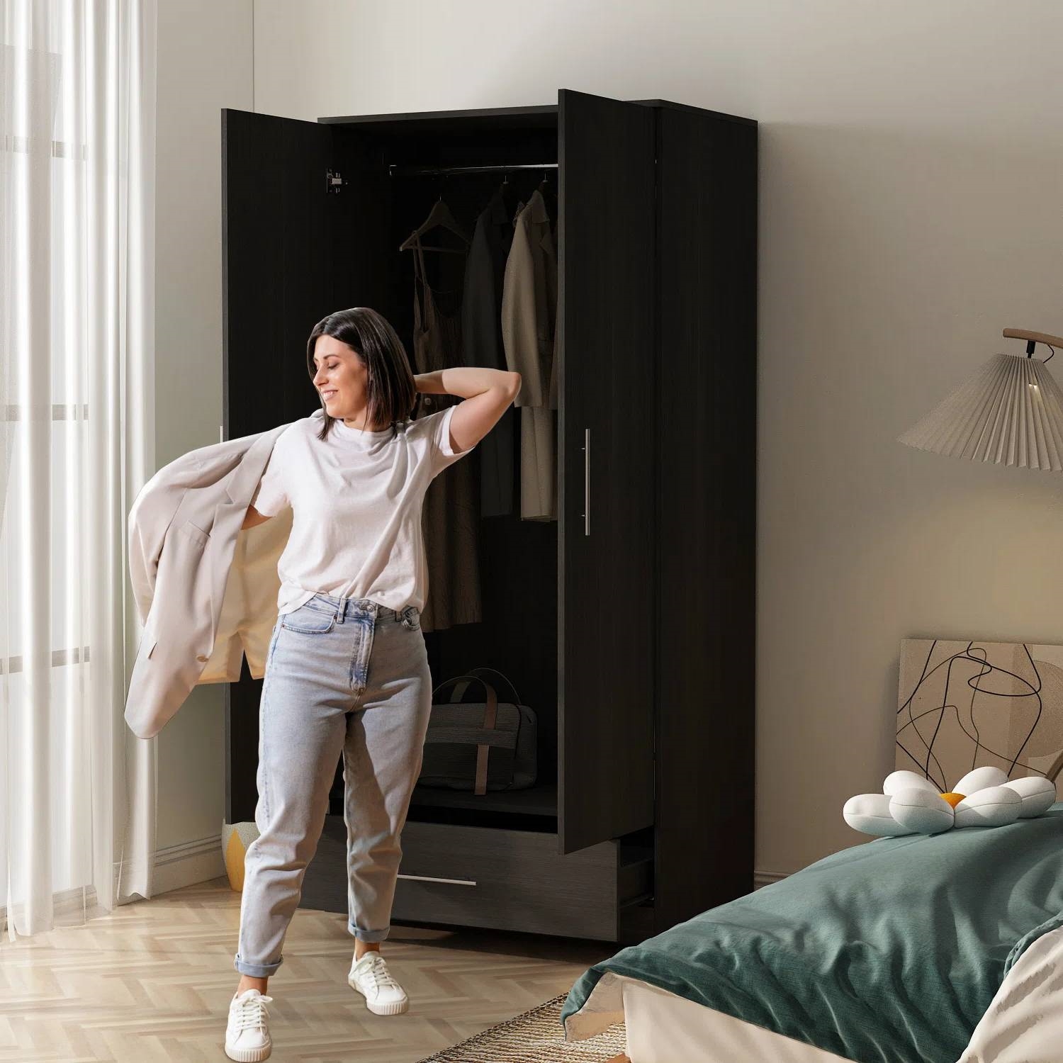 Modern Armoire Wardrobe Closet Cabinet with Storage Drawer in Black Wood Finish thumbnail 2