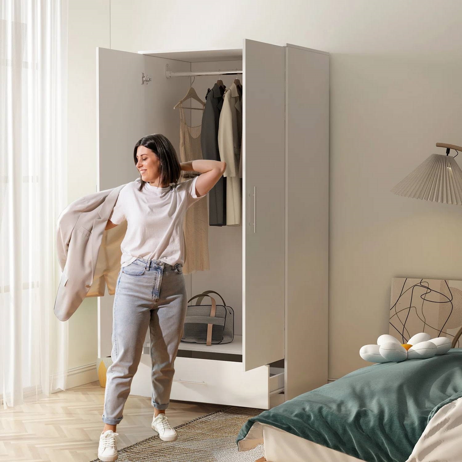 Modern Armoire Wardrobe Closet Cabinet with Storage Drawer in White Wood Finish thumbnail 2