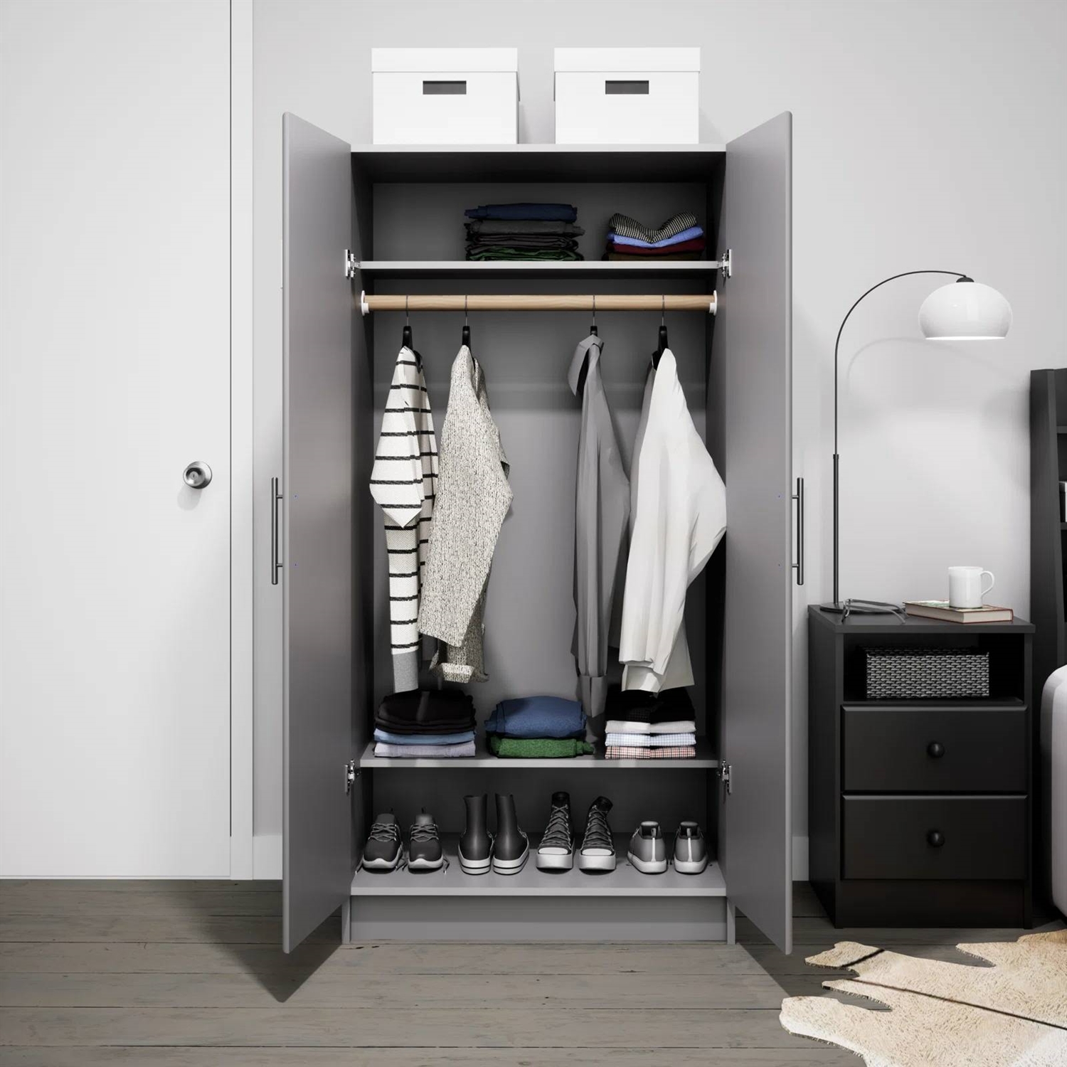 Bedroom Armoire Wardrobe Cabinet with Hanging Rail in Light Grey Wood Finish thumbnail 2