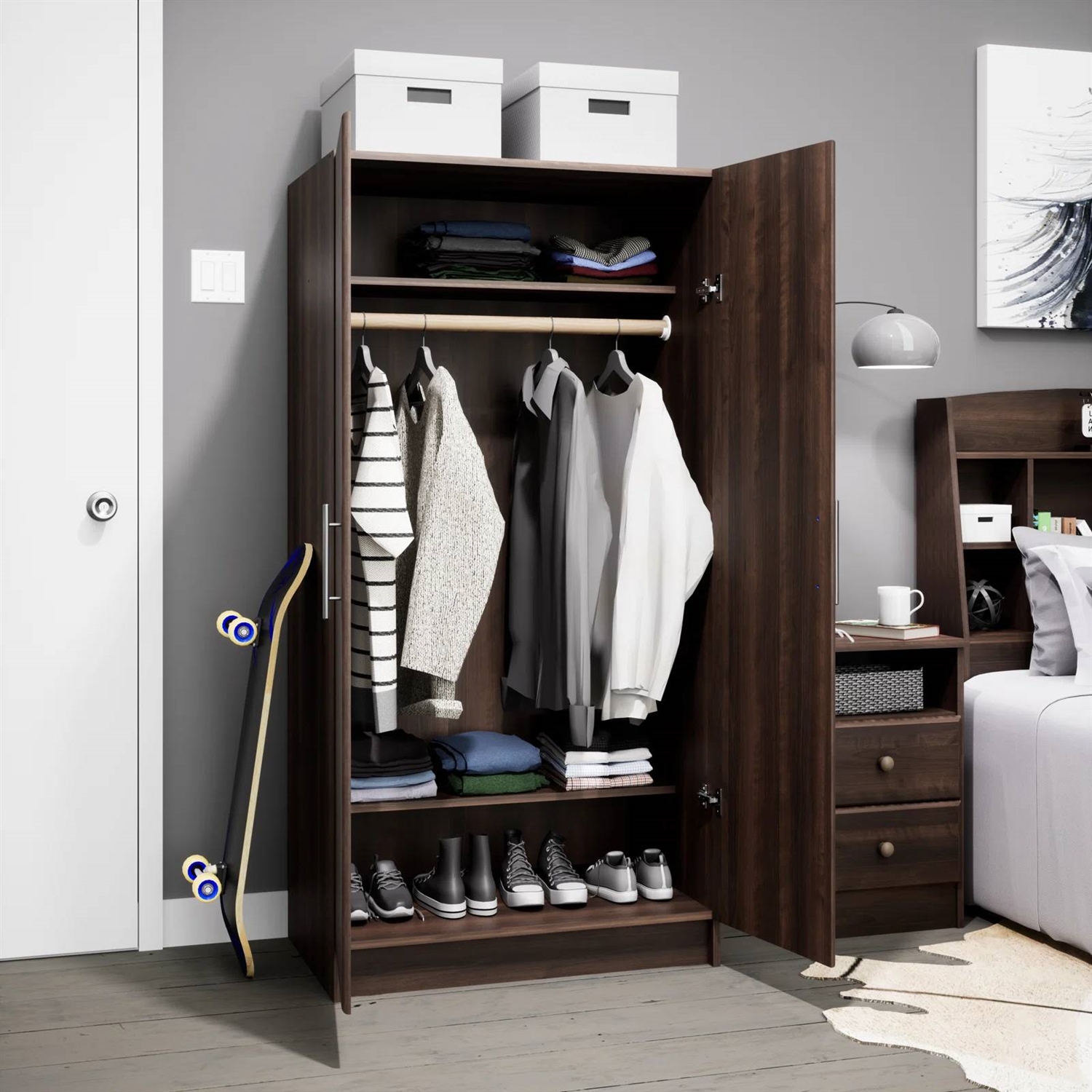 Bedroom Armoire Wardrobe Cabinet with Hanging Rail in Dark Brown Wood Finish thumbnail 2