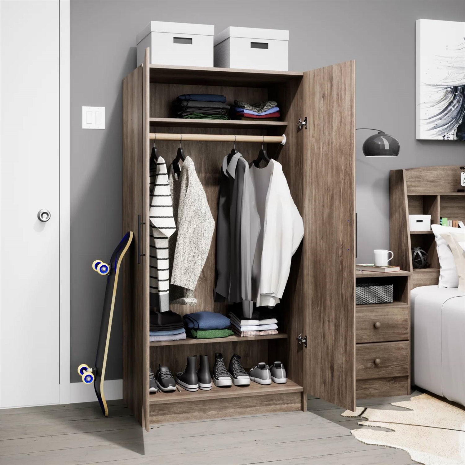 Bedroom Armoire Wardrobe Cabinet with Hanging Rail in Grey Brown Wood Finish thumbnail 2
