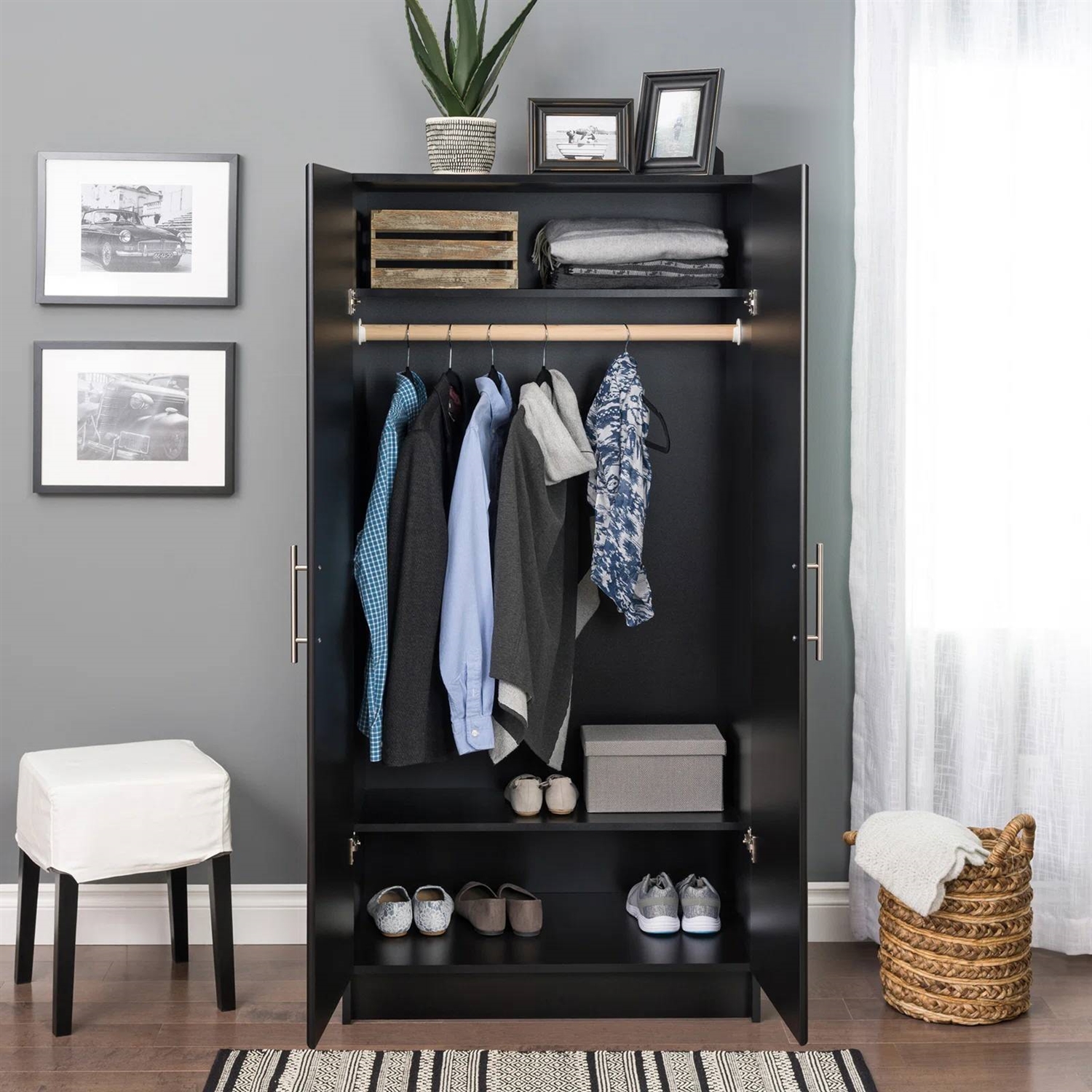 Bedroom Armoire Wardrobe Cabinet with Hanging Rail in Black Wood Finish thumbnail 2