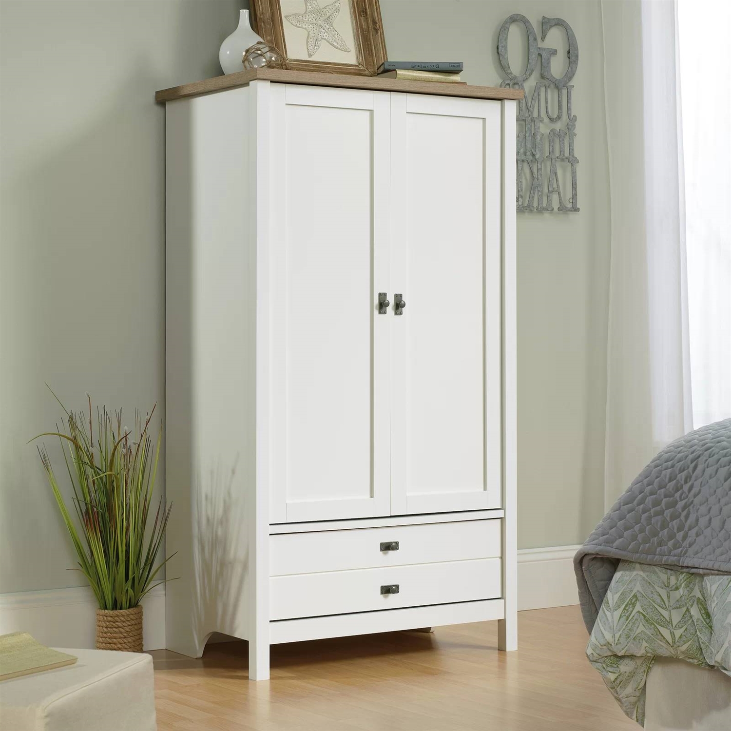Farmhouse Bedroom Armoire Cabinet w/ Bottom Storage Drawer in White Wood Finish thumbnail 2