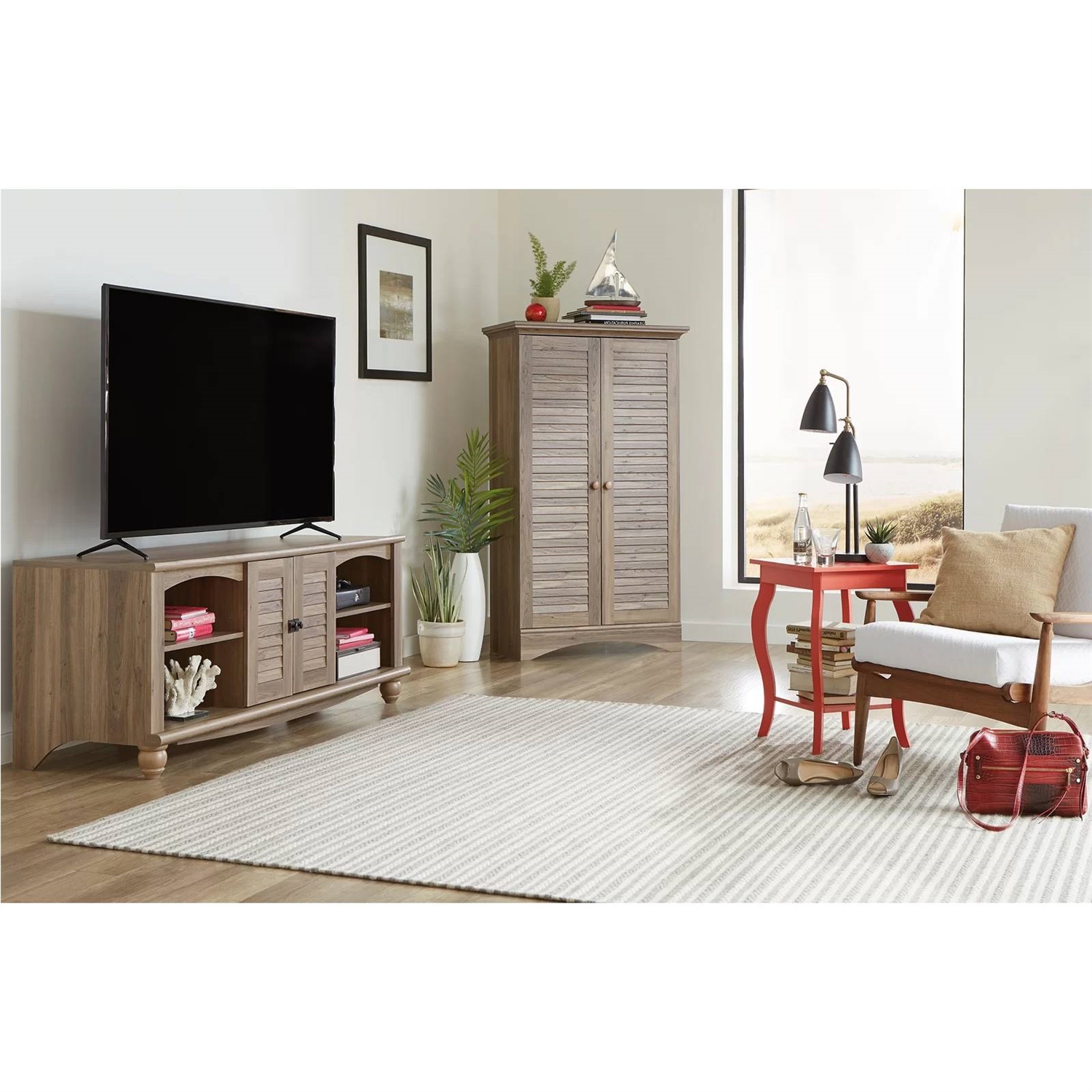 Farmhouse Armoire Storage Cabinet w/ Louver Doors in Light Brown Oak Wood Finish thumbnail 2