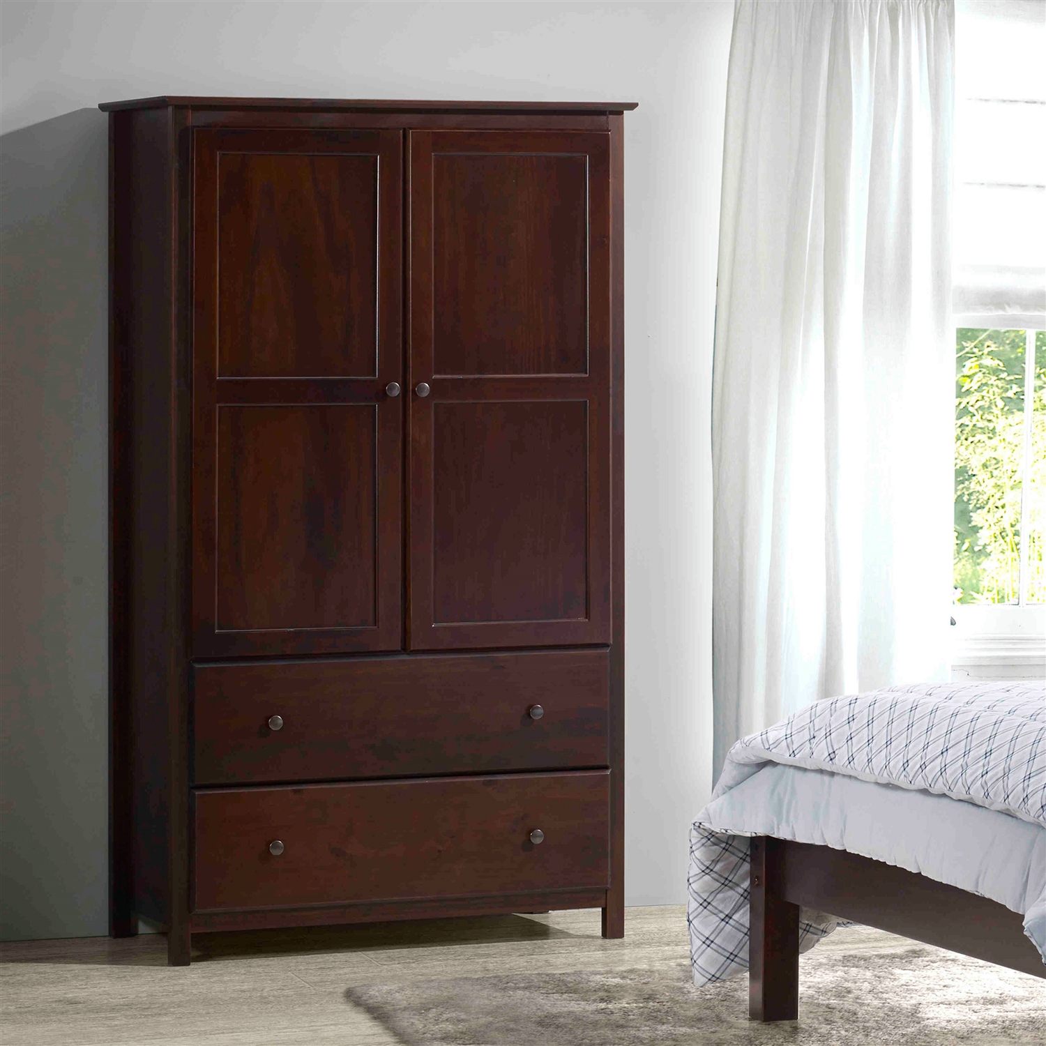Solid Wood Bedroom Armoire Wardrobe Cabinet with Hanging Bar in Cherry Finish thumbnail 2