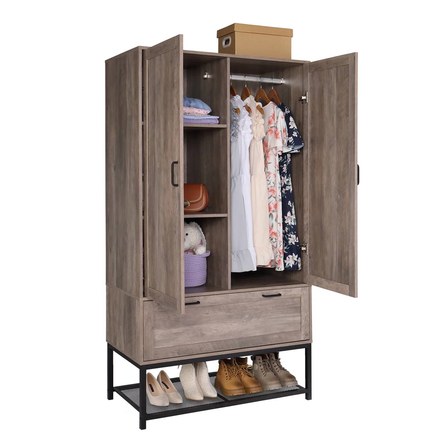 Modern 2-Door Bedroom Wardrobe Cabinet Armoire Shoe Rack in Retro Grey Finish thumbnail 2