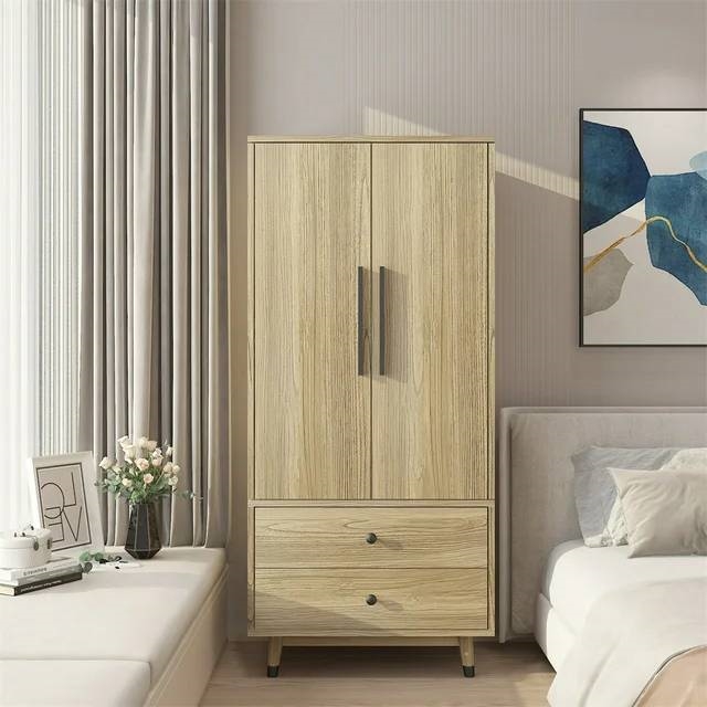 Mid-Century 2-Door Armoire Wardrobe Cabinet with Hanging Rail in Oak Finish thumbnail 2