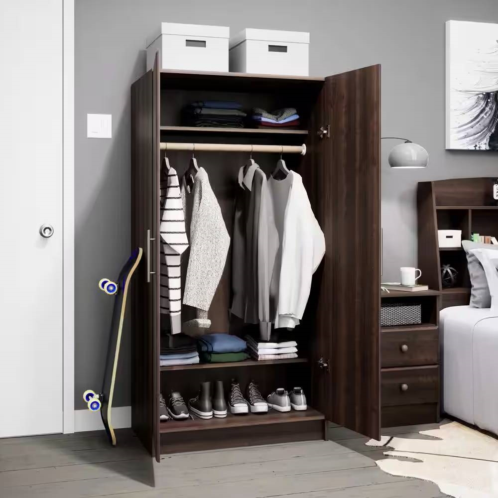 Bedroom Armoire Wardrobe Cabinet Closet with Hanging Rail in Brown Wood Finish thumbnail 2