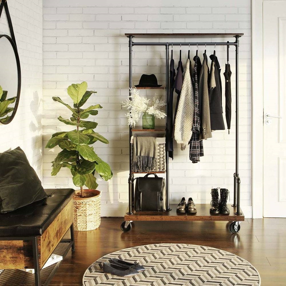 Industrial Metal Pipe Garment Rack with Wood Storage Shelves on Wheels thumbnail 2
