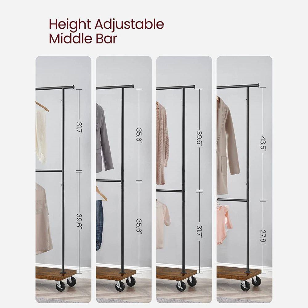 Industrial Style Clothing Garment Rack Double Clothes Hanging Bar on Wheels thumbnail 2