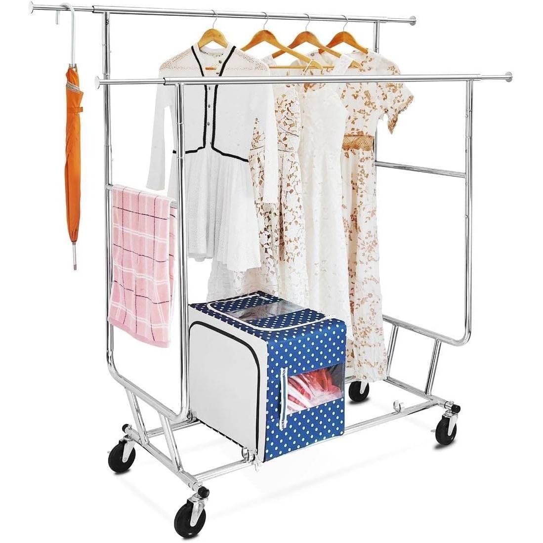 Heavy Duty Double Bar Clothes Hanging Garment Rack on Lockable Wheels thumbnail 2