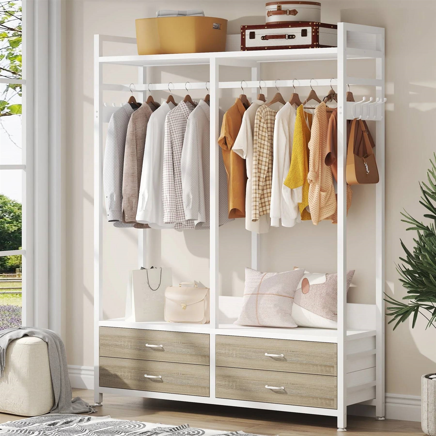Freestanding White Oak Garment Rack Clothes Hanging Rod with 4 Storage Drawers thumbnail 2