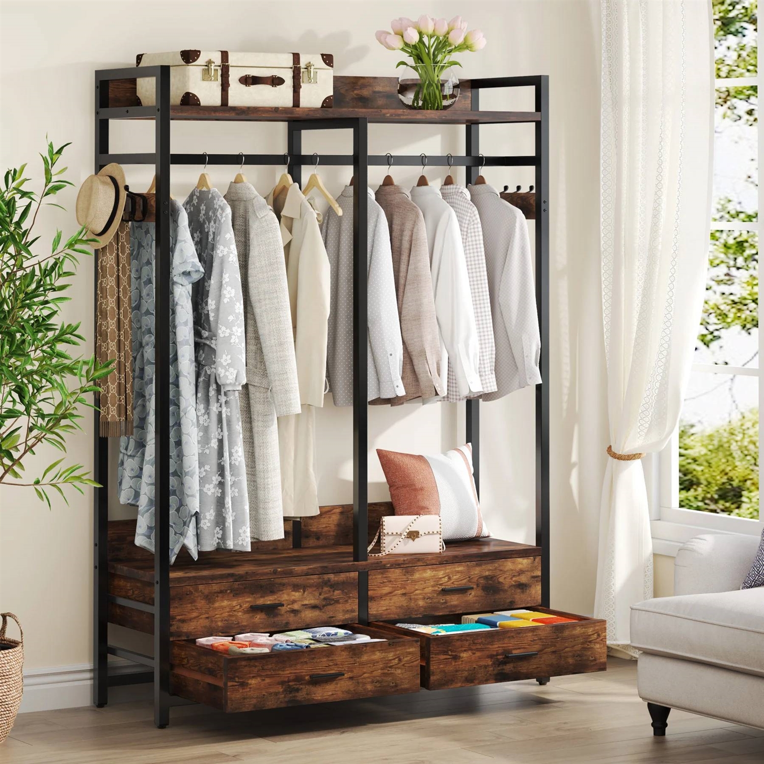 Heavy Duty Brown Black Garment Rack Clothes Hanging Rod with 4 Storage Drawers thumbnail 2