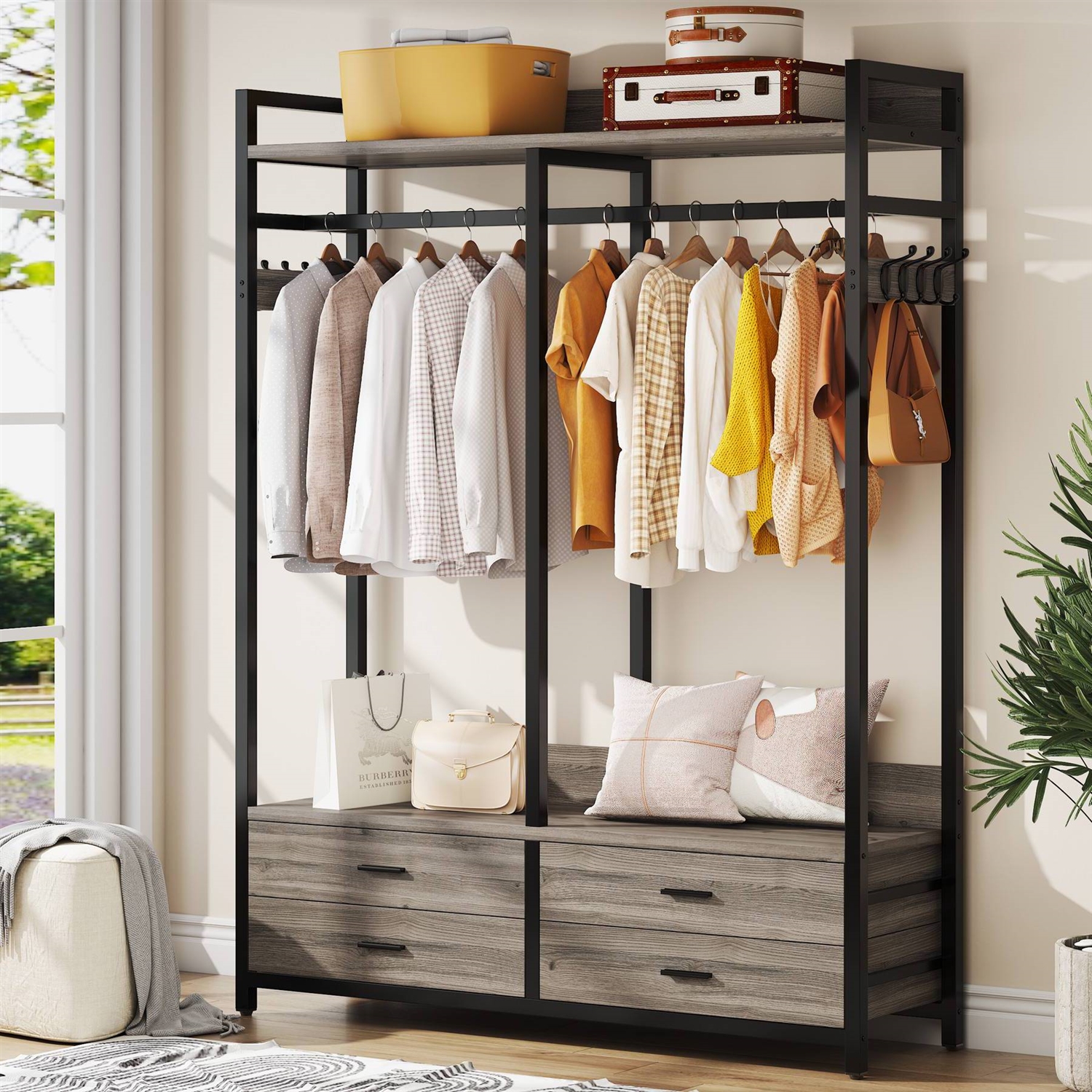 Modern Grey Black Garment Rack with Clothes Hanging Rod and 4 Storage Drawers thumbnail 2