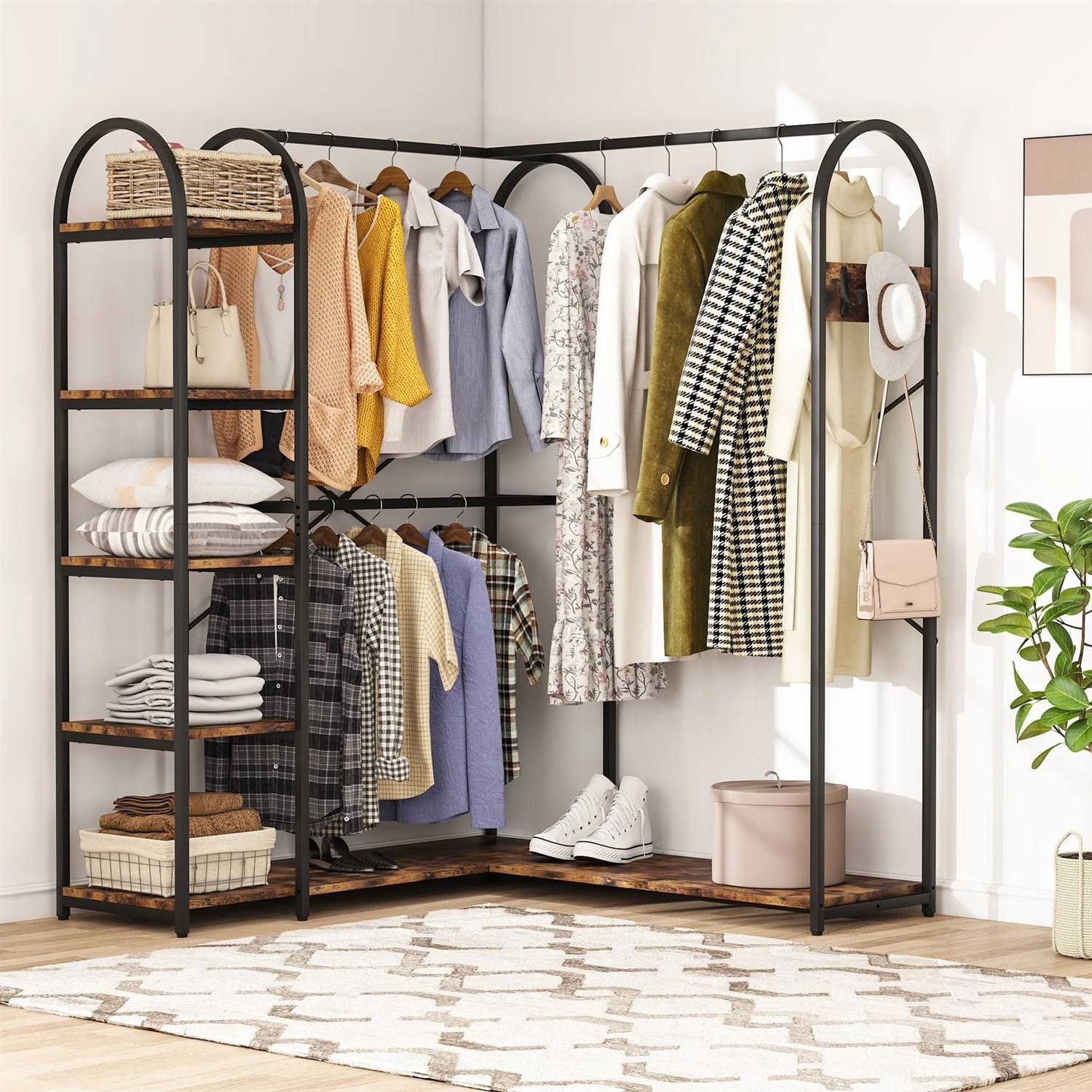 Corner L-Shaped Garment Rack with Clothing Hanging Rods and Storage Shelves thumbnail 2