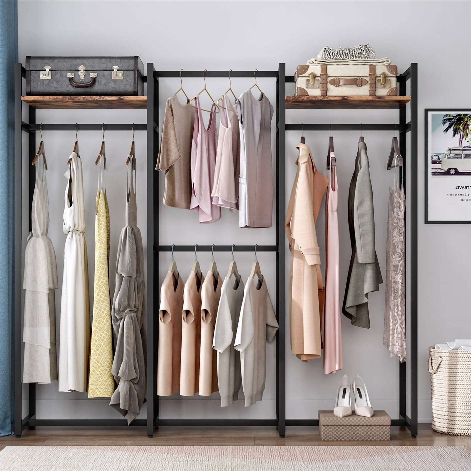 Black Metal Garment Rack with 4 Clothes Hanging Rods and 2 Wood Storage Shelves thumbnail 2