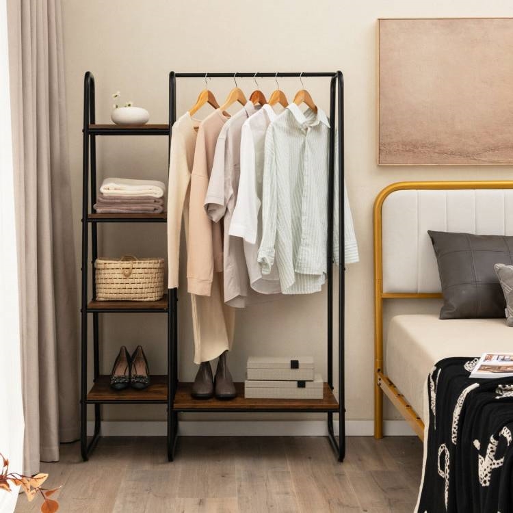 Industrial Wood Metal Garment Rack Clothes Hanging Bar with Storage Shelves thumbnail 2