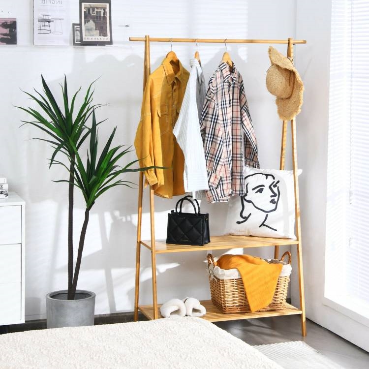 Entryway Bedroom Wood Garment Clothes Hanging Rack with 2 Bottom Storage Shelves thumbnail 2