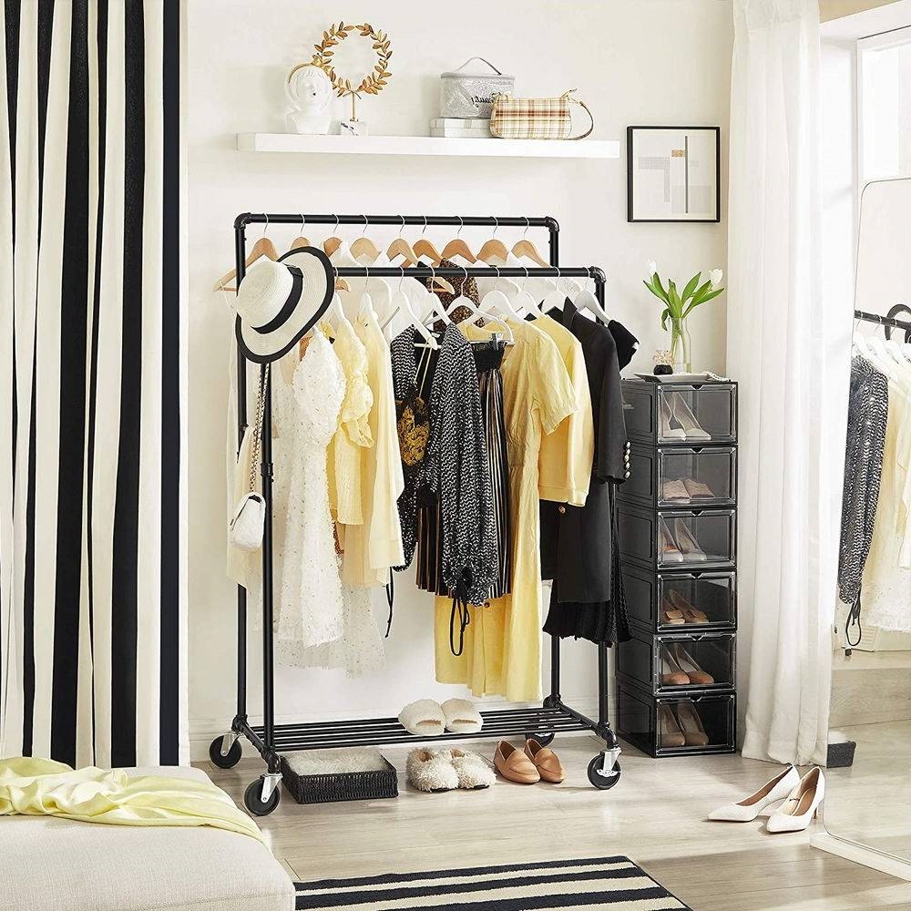 Heavy Duty Rustic Pipe Black Double-Rail Clothes Garment Rack w/ Locking Wheels thumbnail 2