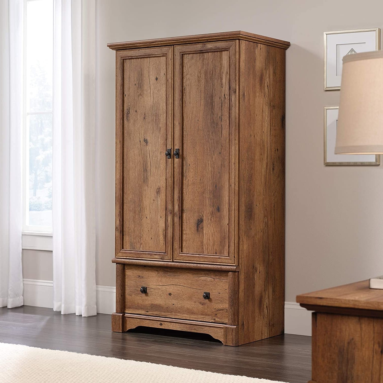 Rustic Oak Drawer and Garment Rod Wardrobe Armoire thumbnail 2