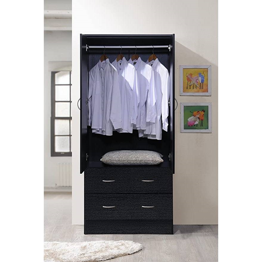 Black 2 Door Wardrobe Armoire with 2 Drawers and Hanging Rod Storage thumbnail 2