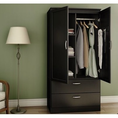 Modern Two Door Wardrobe Armoire with Two Drawers and Hanging Rod Storage, Black thumbnail 2