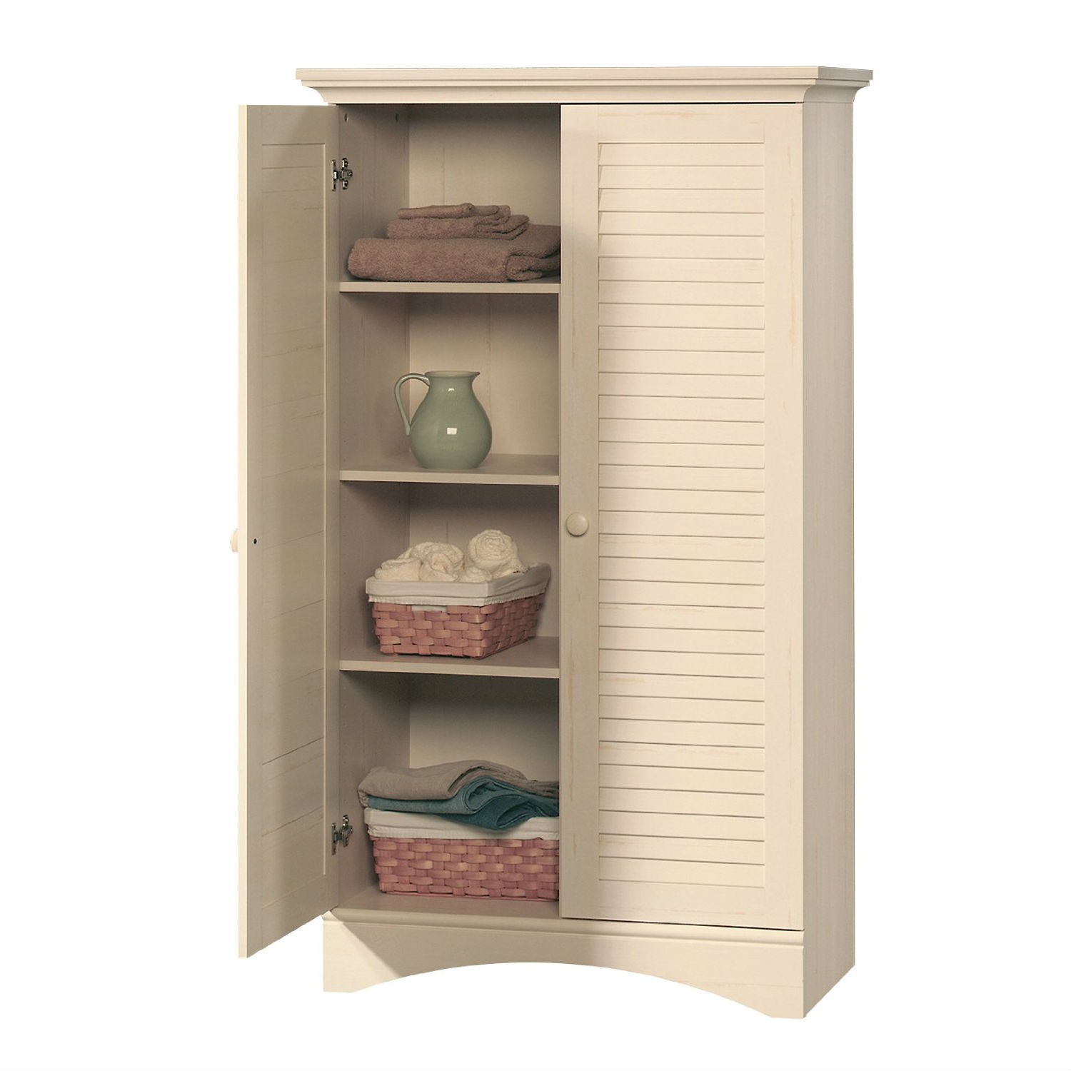 Antique White Finish Wardrobe Armoire Storage Cabinet with Louver Doors thumbnail 2