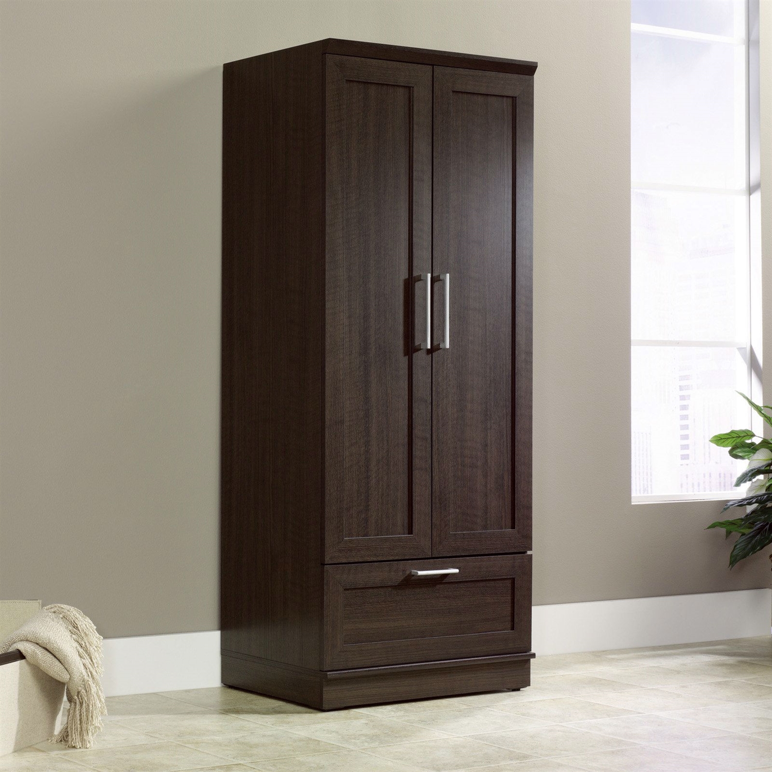 Bedroom Wardrobe Armoire Cabinet in Dark Brown Oak Wood Finish thumbnail 2