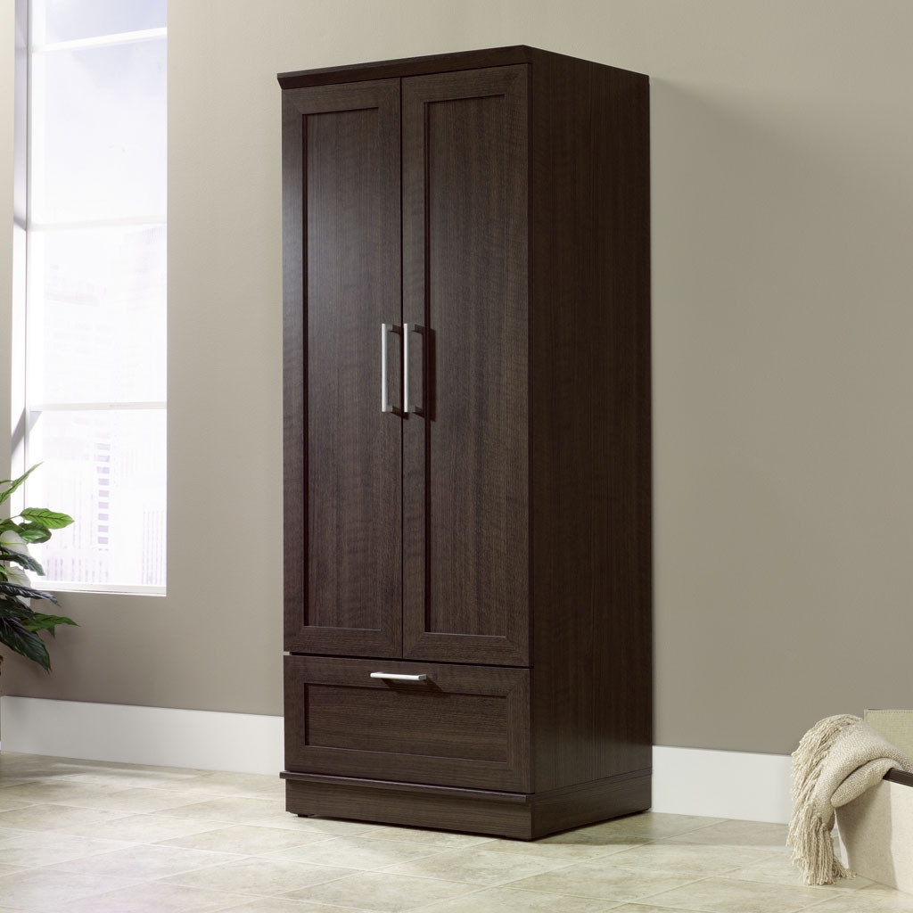 Dark Brown Wood Wardrobe Cabinet Armoire with Garment Rod thumbnail 2