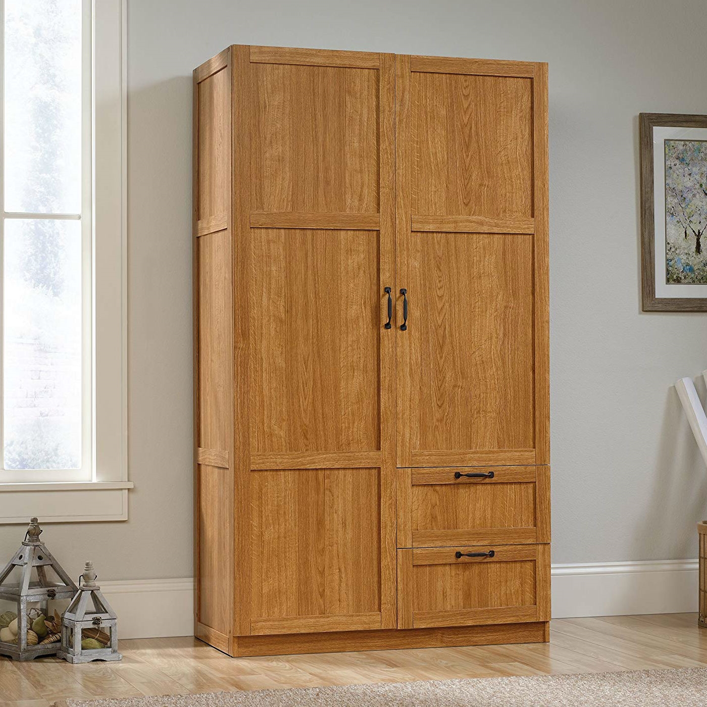 Bedroom Wardrobe Cabinet Storage Closet Organizer in Medium Oak Finish thumbnail 2