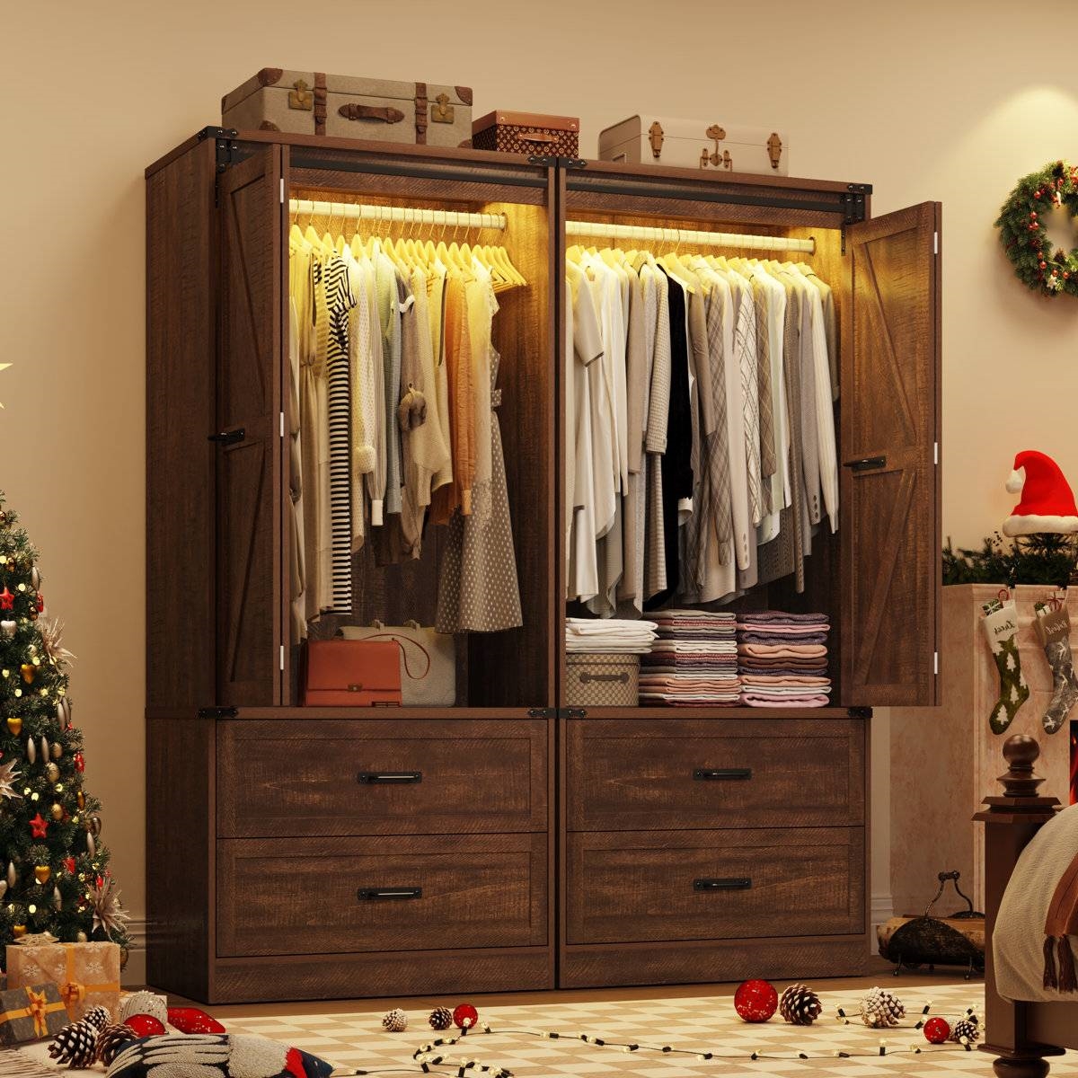 Espresso Brown Wood Farmhouse Armoire Wardrobe Closet with Sliding Barn Doors thumbnail 3