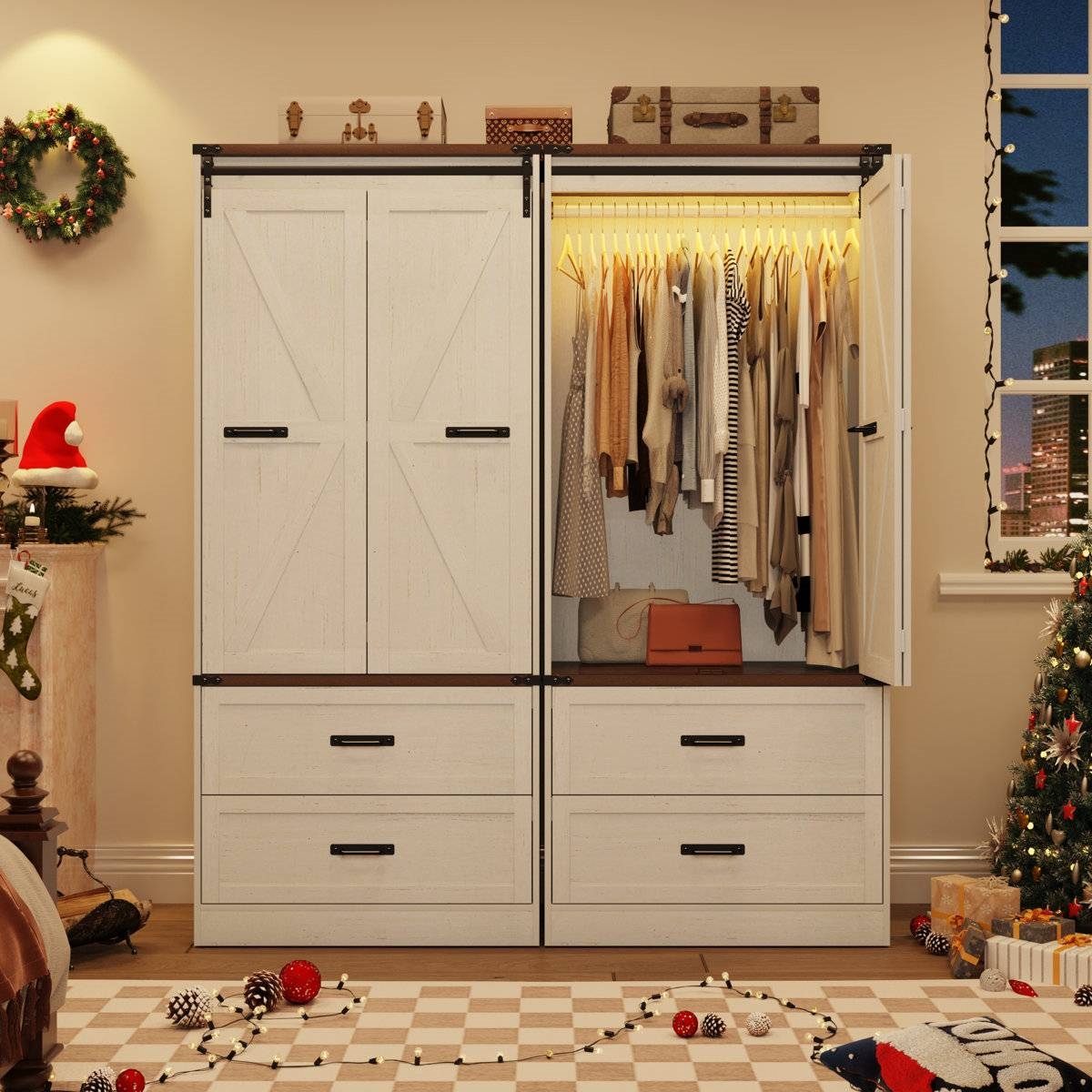 White Farmhouse Armoire Wardrobe Closet with Sliding Barn Doors thumbnail 3
