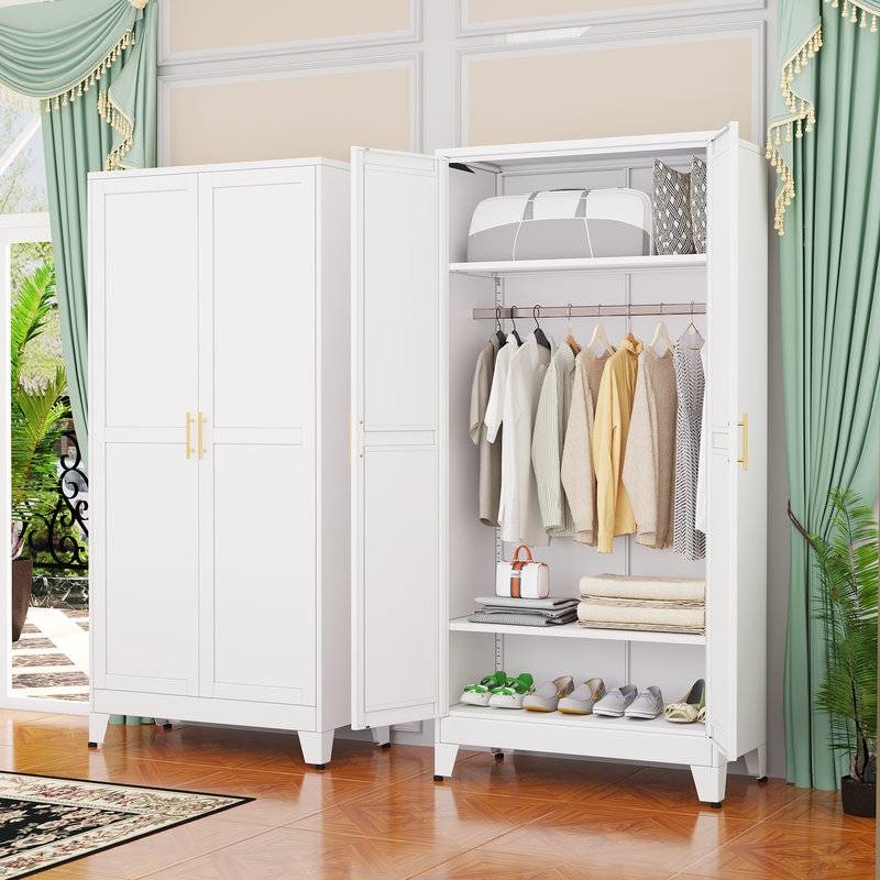 White Metal Multifunctional Storage Armoire Wardrobe Closet thumbnail 3