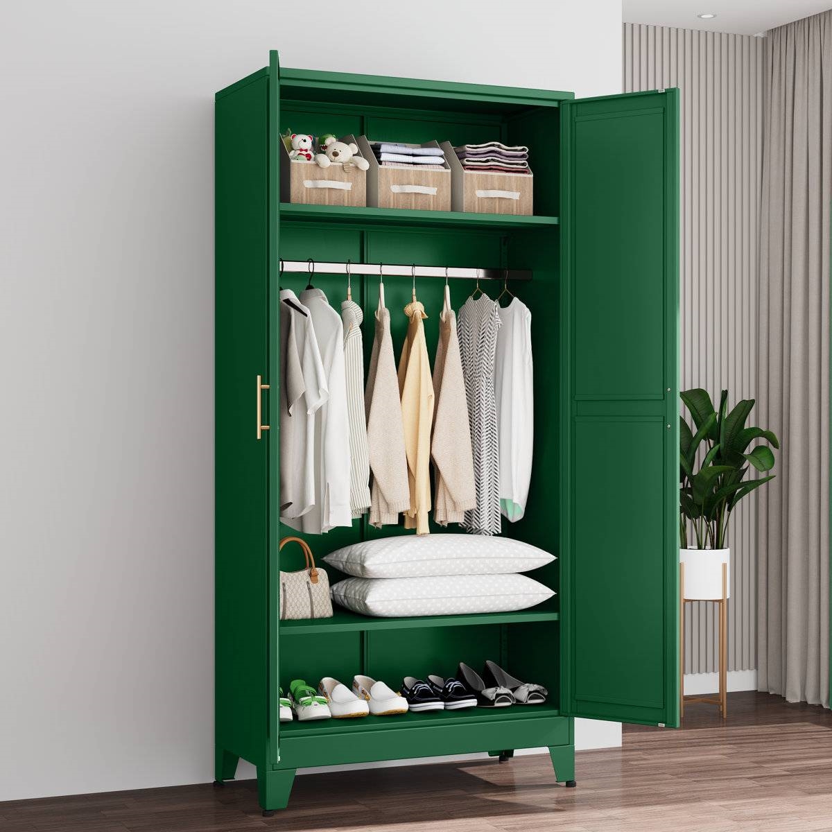 Green Metal Multifunctional Storage Armoire Wardrobe Closet thumbnail 3