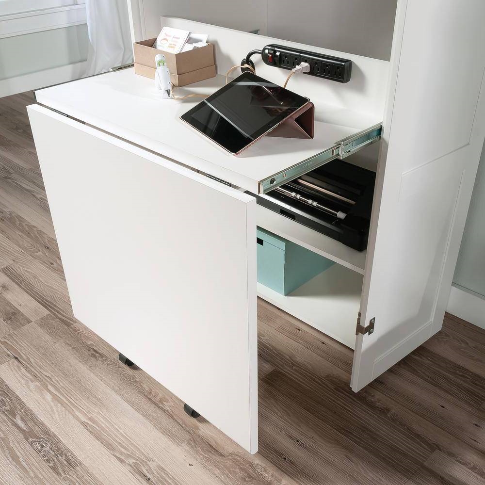 Drop Leaf Computer Desk Craft Table Armoire in White Wood Finish - Made in USA thumbnail 3