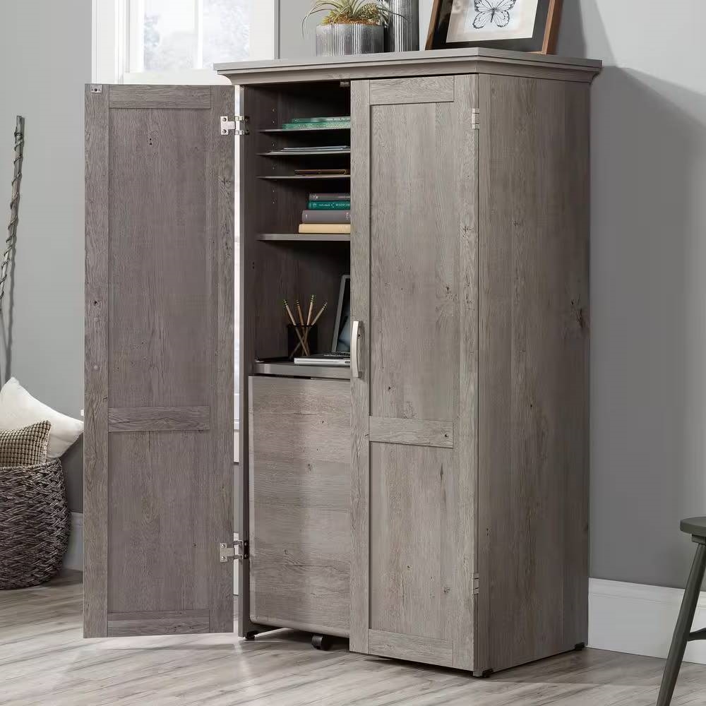 Armoire with Drop Leaf Laptop Desk Craft Table in Grey Oak Finish - Made in USA thumbnail 3