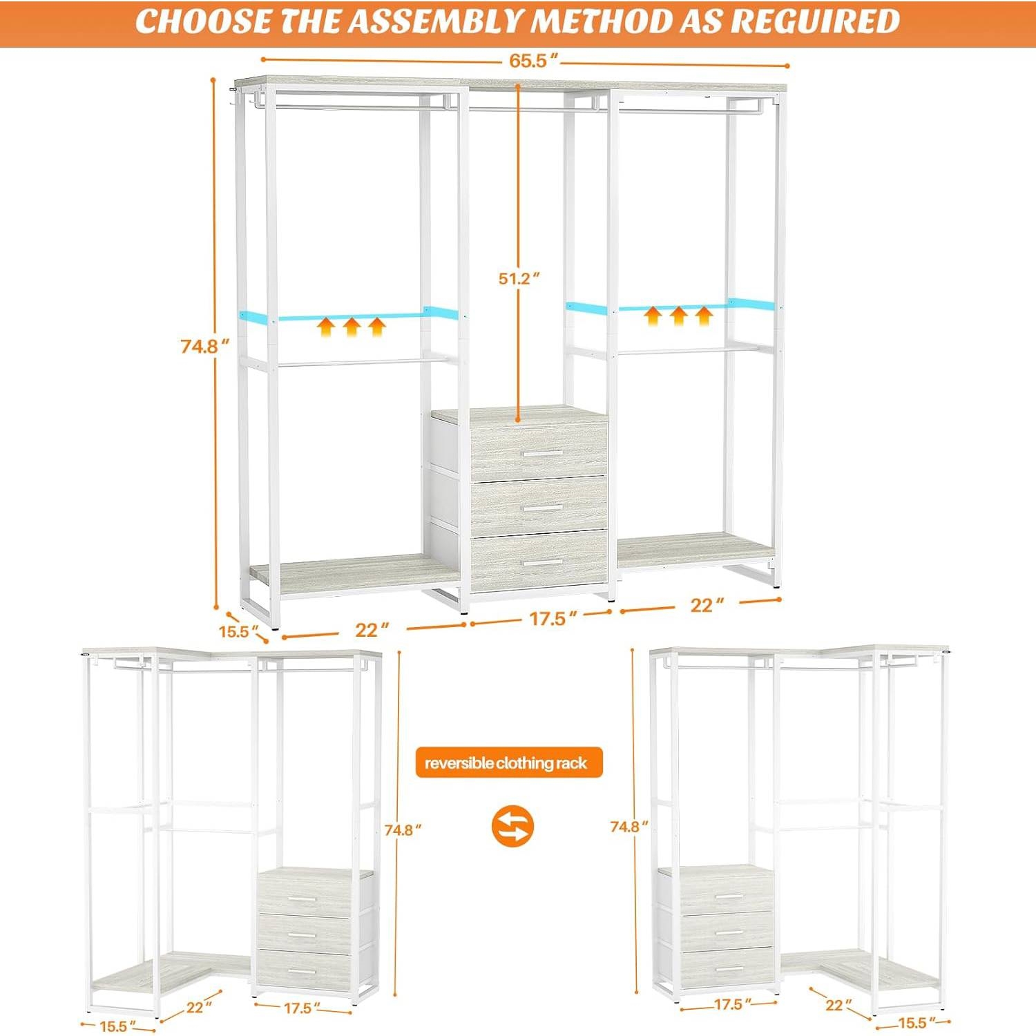 Heavy Duty White Metal Freestanding Garment Rack Closet Wardrobe with 3 Drawers thumbnail 3