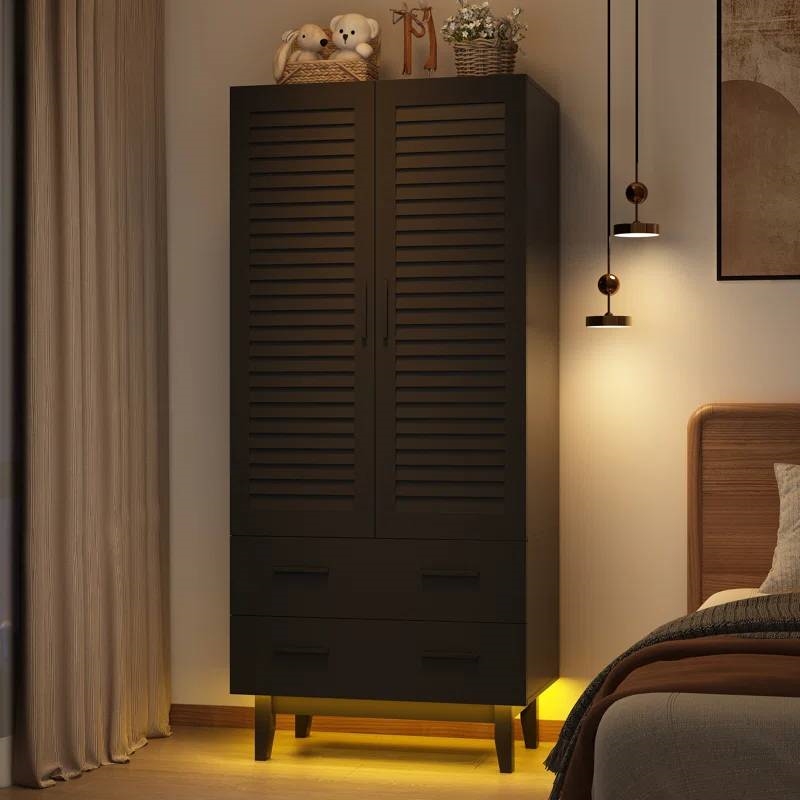Matte Black Mid-Century Wardrobe Armoire with Louver Doors and LED Lights thumbnail 3