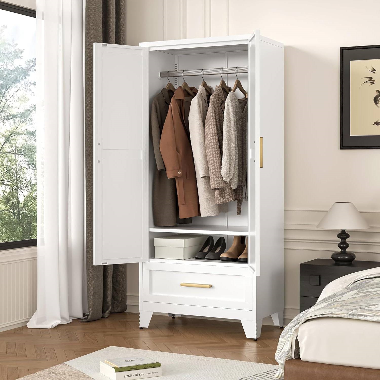 White 2-Door Wardrobe Armoire Cabinet with Storage Drawer and Hanging Rod thumbnail 3