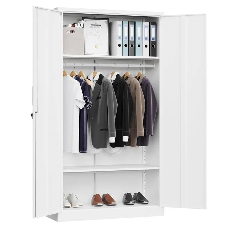 White Metal Locking Wardrobe Armoire Cabinet with Clothing Hanging Rod thumbnail 3