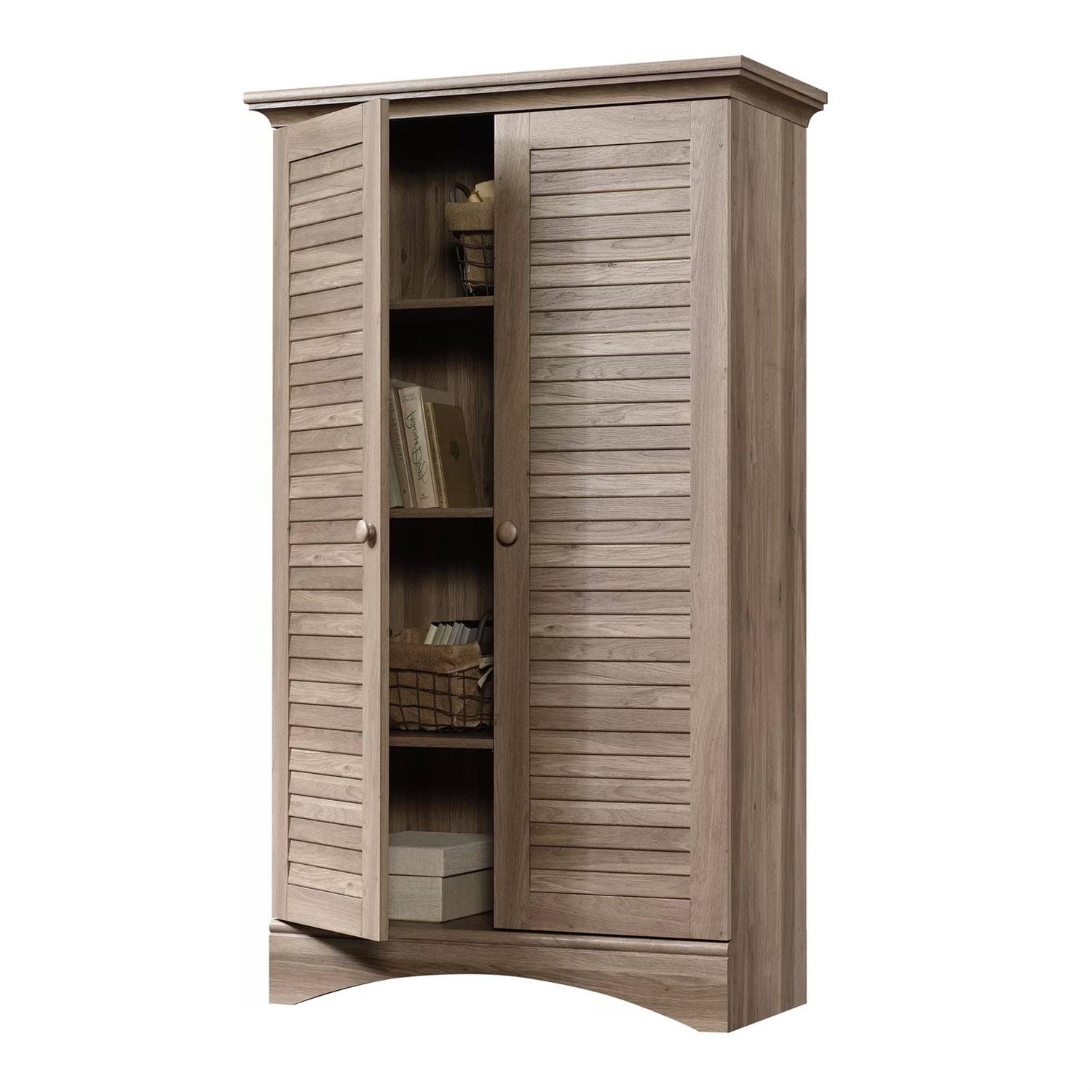 Farmhouse Armoire Storage Cabinet w/ Louver Doors in Light Brown Oak Wood Finish thumbnail 3