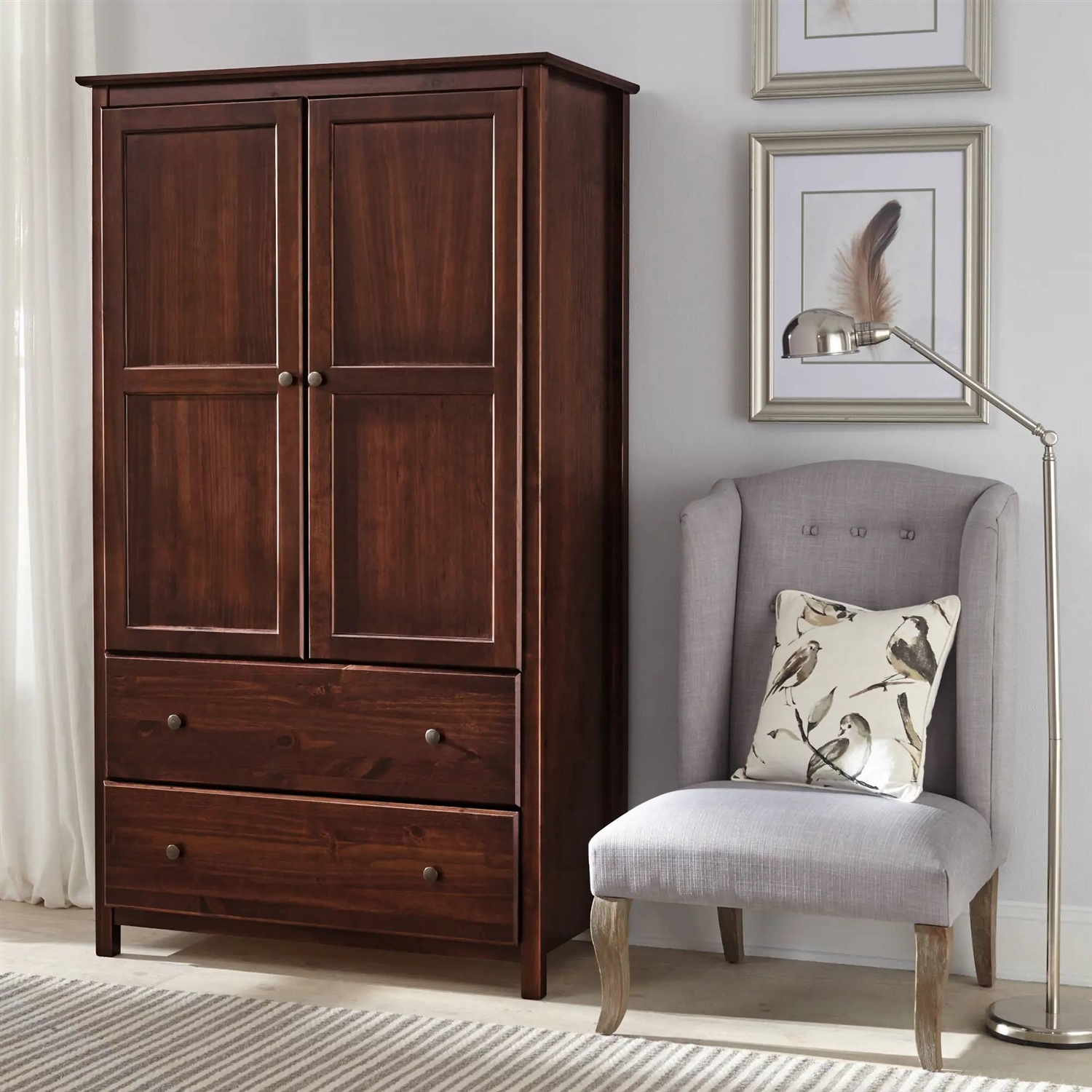 Solid Wood Bedroom Armoire Wardrobe Cabinet with Hanging Bar in Cherry Finish thumbnail 3