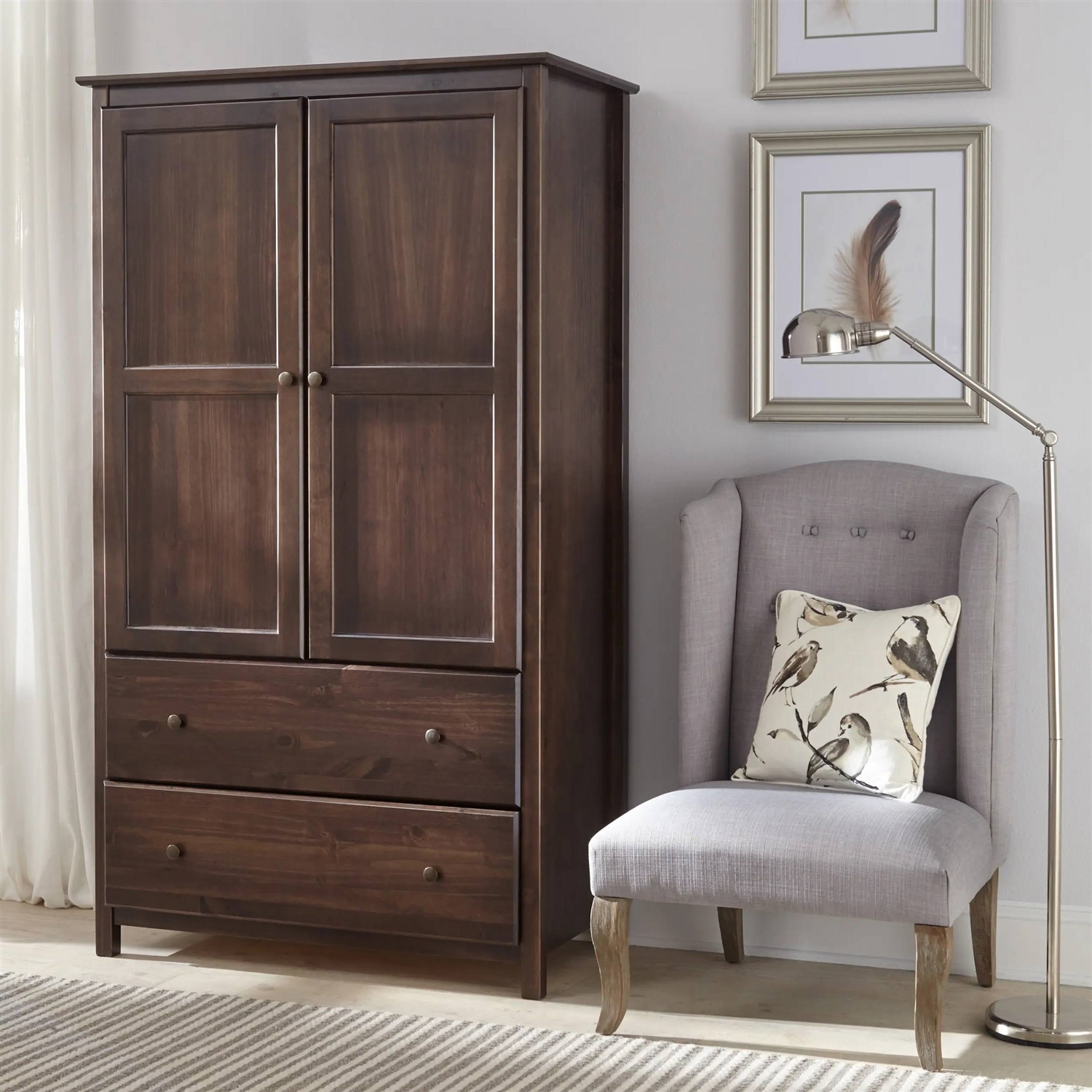 Brown Espresso Solid Wood Bedroom Armoire Wardrobe Cabinet with Hanging Bar thumbnail 3