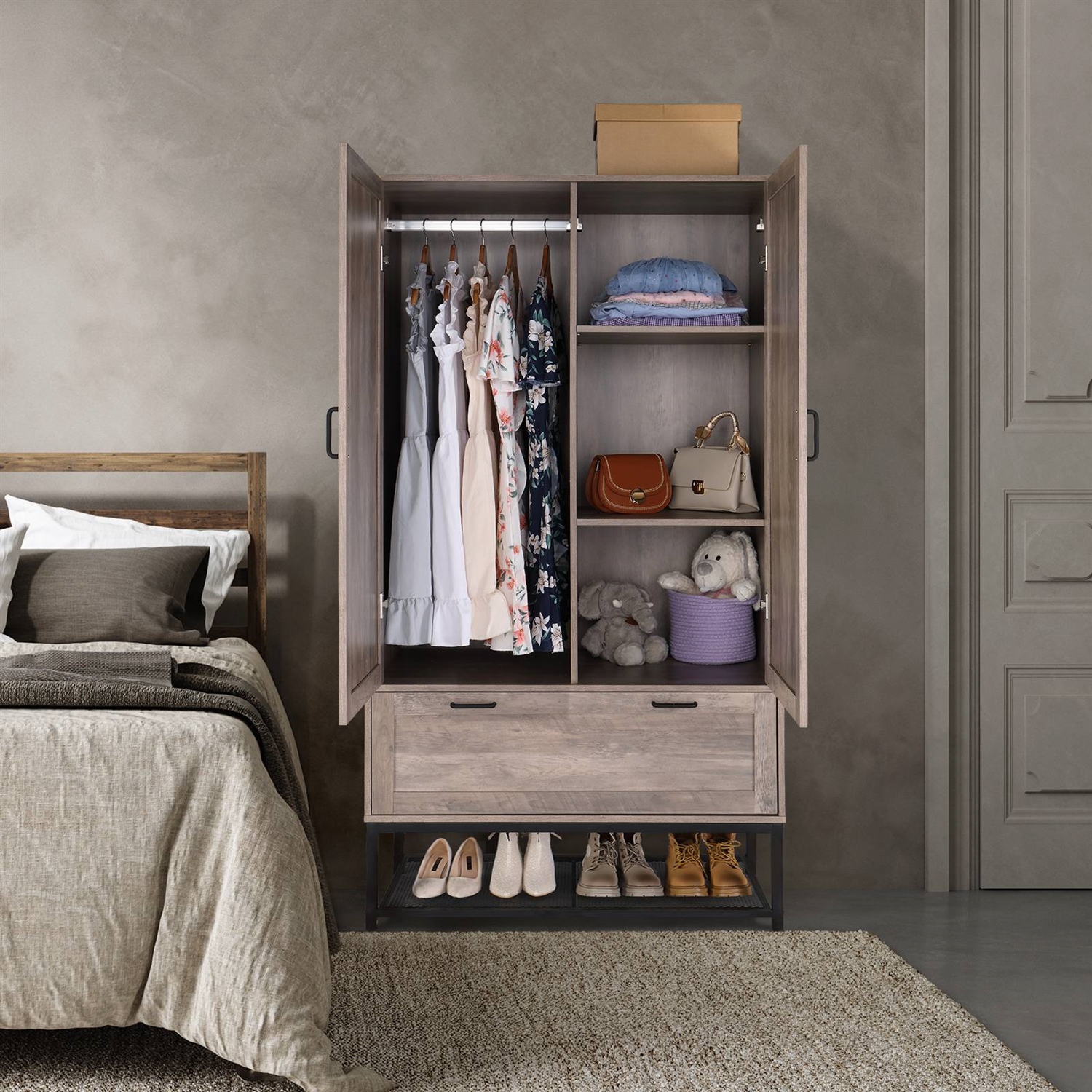 Modern 2-Door Bedroom Wardrobe Cabinet Armoire Shoe Rack in Retro Grey Finish thumbnail 3