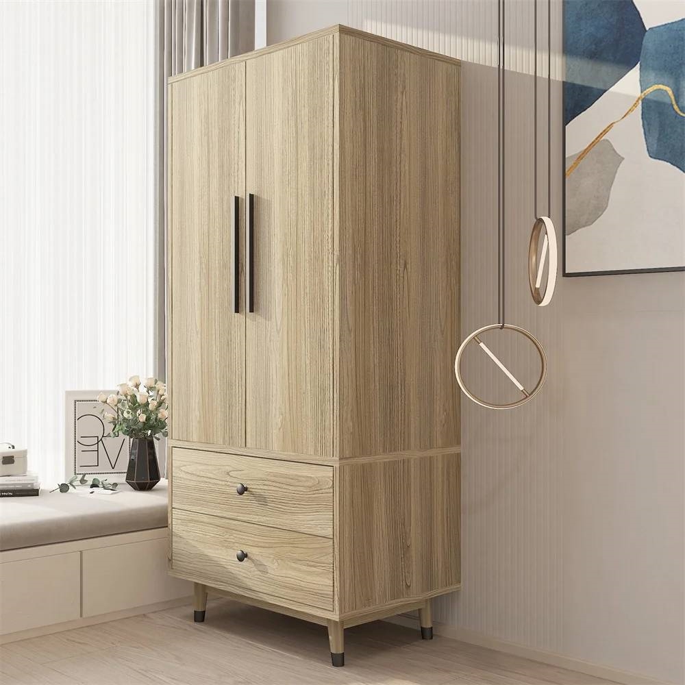 Mid-Century 2-Door Armoire Wardrobe Cabinet with Hanging Rail in Oak Finish thumbnail 3