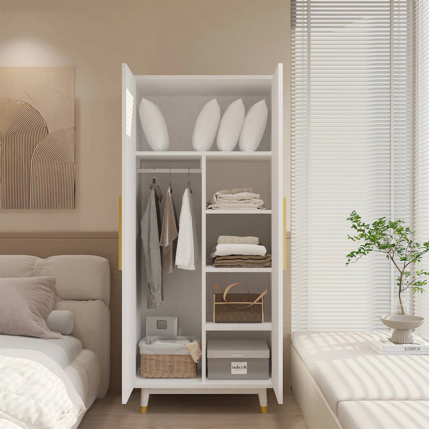 Mid-Century Modern 2-Door Bedroom Armoire Wardrobe Cabinet in White thumbnail 3