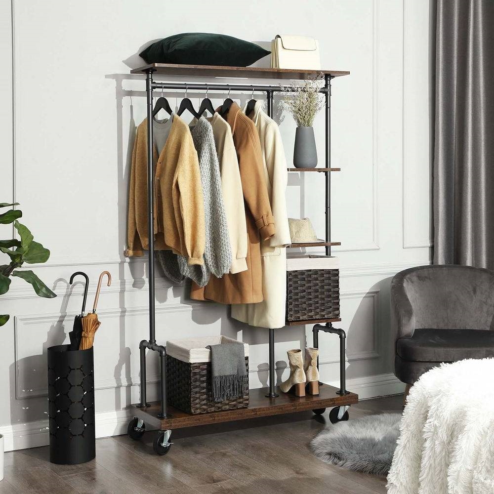 Industrial Metal Pipe Garment Rack with Wood Storage Shelves on Wheels thumbnail 3
