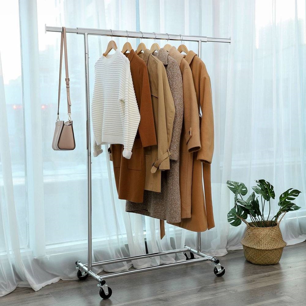 Heavy Duty Chrome Plated Silver Metal Garment Rack Clothes Hanging Bar on Wheels thumbnail 3
