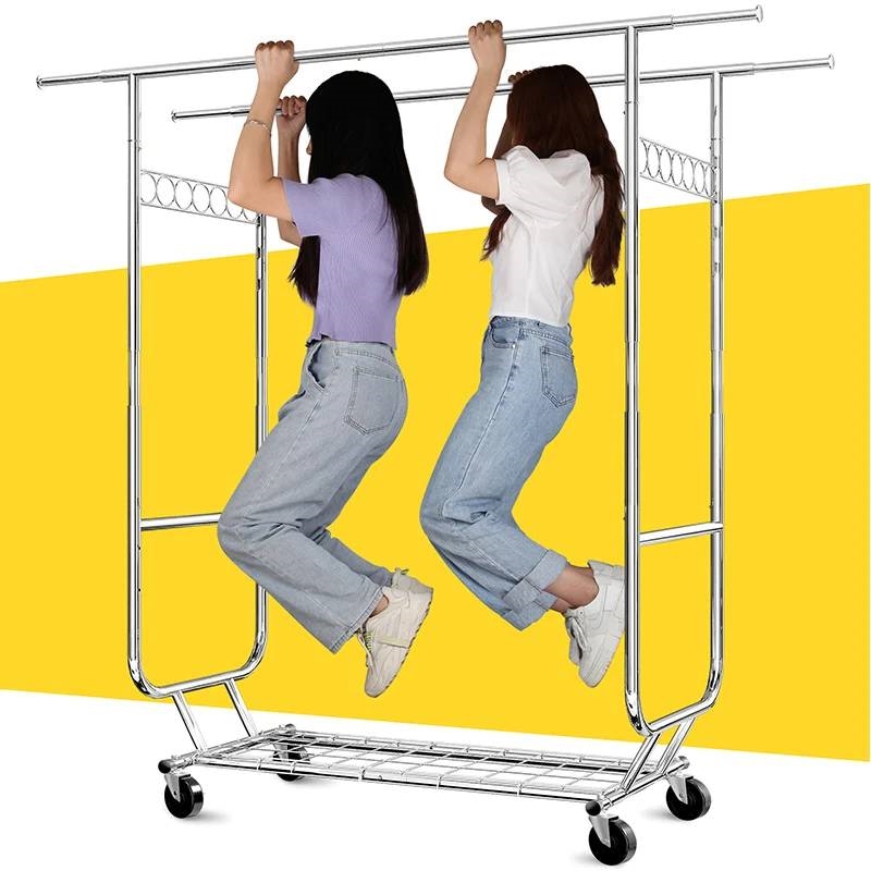 Heavy Duty Double Bar Clothes Garment Rack on Wheels - 600 lbs Capacity thumbnail 3