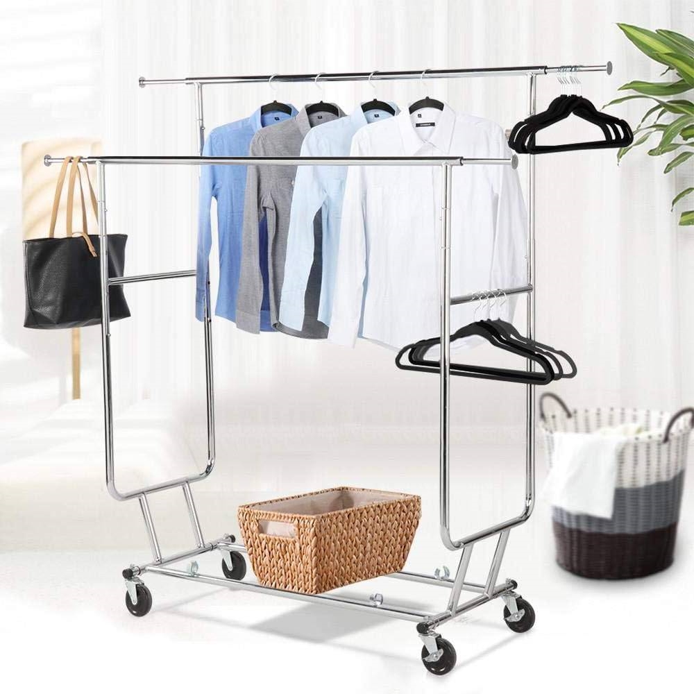 Heavy Duty Double Bar Clothes Hanging Garment Rack on Lockable Wheels thumbnail 3